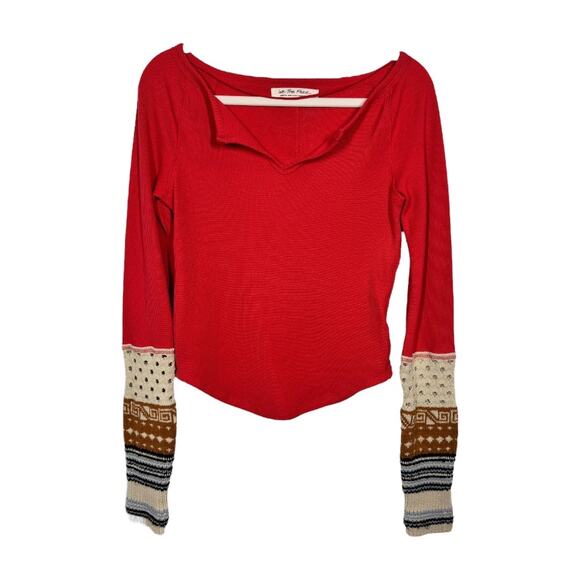 Free People We The Free Crafty Cuff Thermal Medium Red Long Sleeve Top Knit Boho - Picture 2 of 6